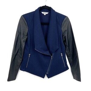 BB DAKOTA Navy Blue Black Sleeve Asymmetrical Full Zip Jacket Size XS